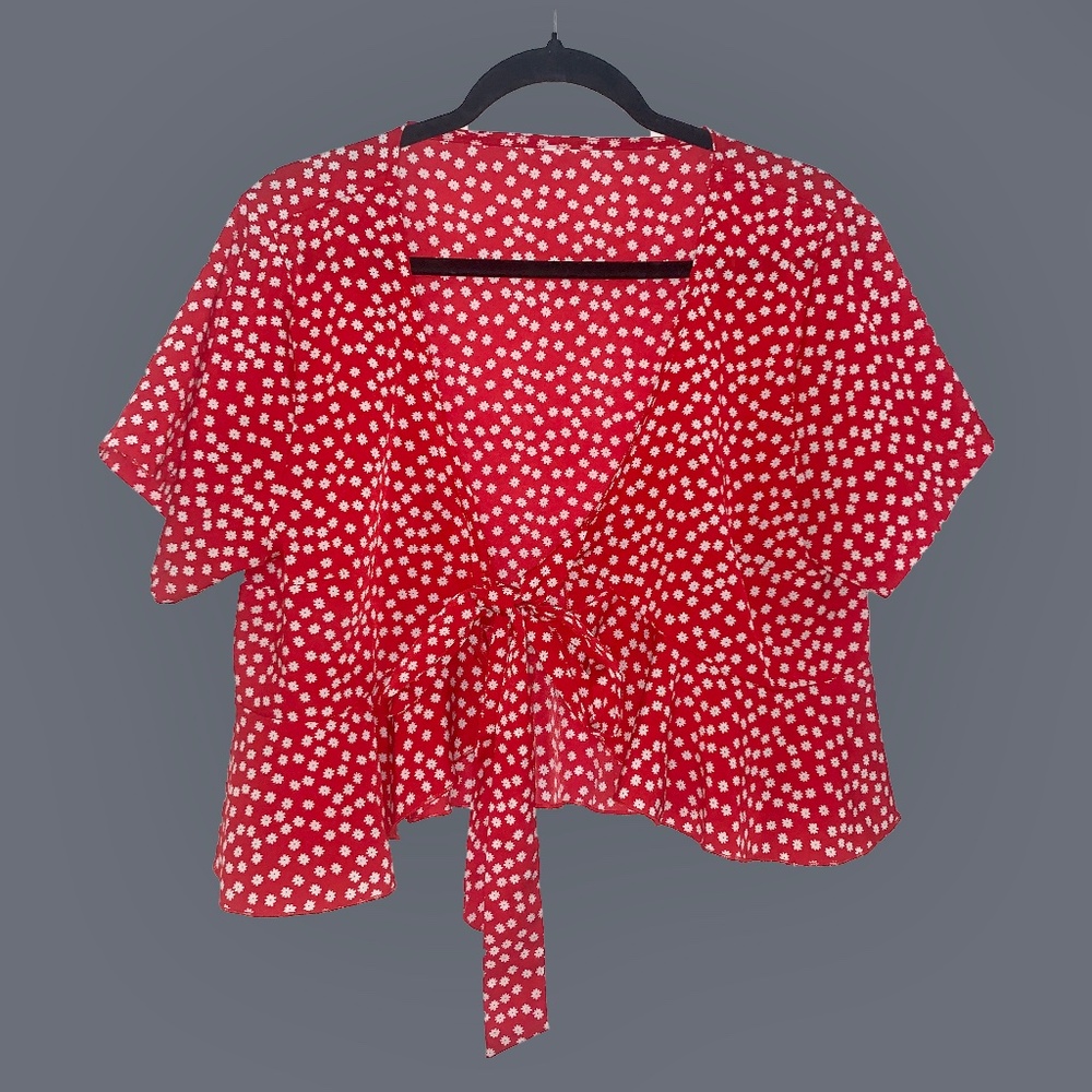 Red and White Floral Tie Top